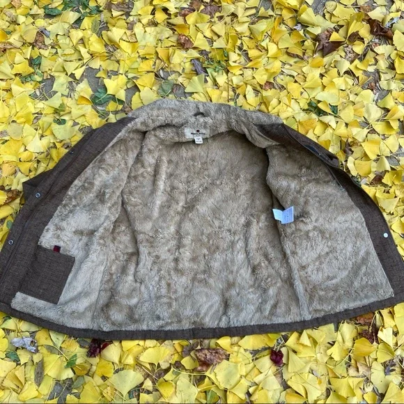 Woolrich Tweed Brown/Tan Utility Coat Barn Jacket Faux Fur lined 6 pockets sz M - Picture 4 of 15